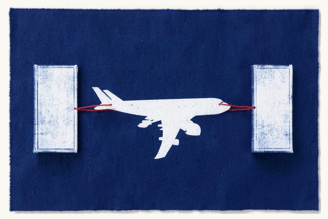 Who decides on a prisoner transfer home: a large passenger airplane held by a red thread between two upright antique books, cyanotype print