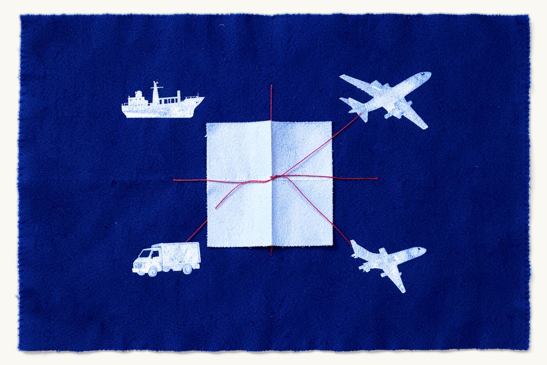 Transport documents in international carriage: a large folded sheet of paper at the centre linked by red threads to a cargo ship, a delivery truck and an airplane, cyanotype print