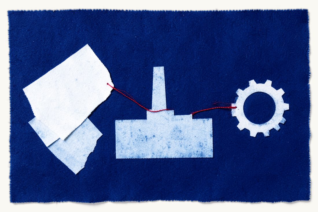 Origin rules in the Türkiye–EU customs union: a factory with a chimney, loose blank sheets on the left, a single gear wheel on the right, a red thread running through, cyanotype print