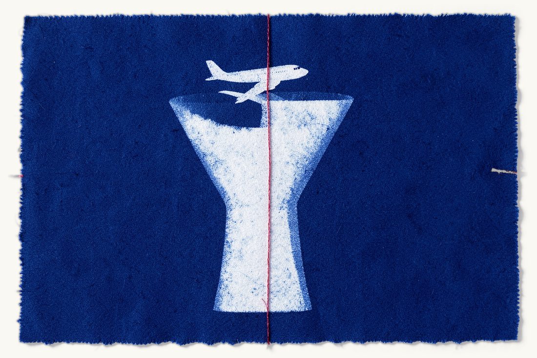 The short-term residence permit and stricter 2026 rules: a large funnel narrowing to a thin spout, a small airplane above it and a red thread running through it, cyanotype print