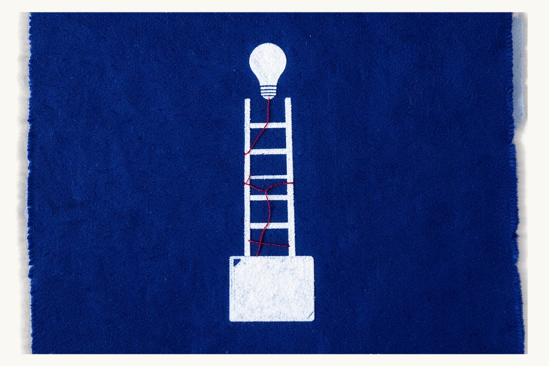 The trademark registration process step by step: a tall ladder with a red thread climbing rung by rung from a document folder at the foot to a lightbulb at the top, cyanotype print
