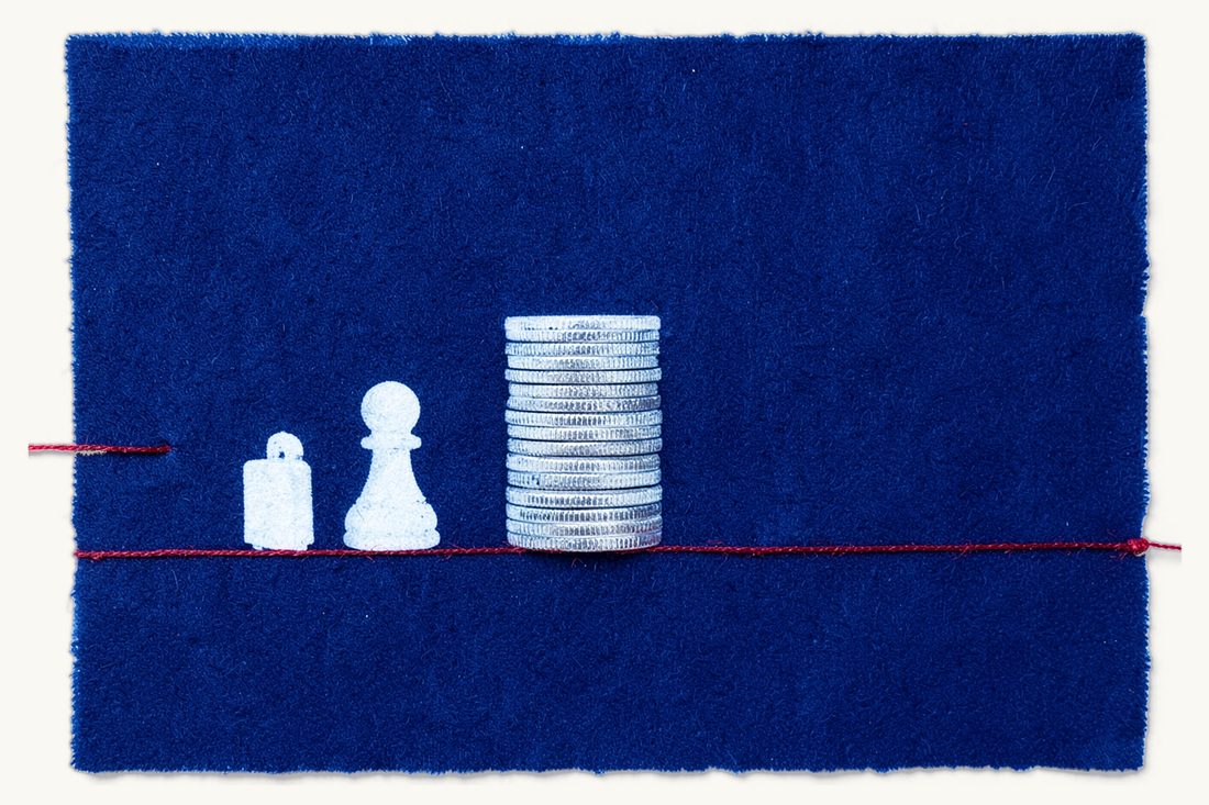 Minimum salary levels for Turkish work permits: three large stacks of silver coins seen edge-on rising along a straight red thread floor line, a small chess pawn with a suitcase at its left end, cyanotype print
