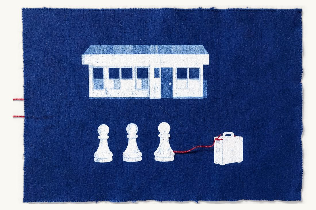 Employer eligibility and the five-to-one headcount rule: an office block, a row of five chess pawns and one small suitcase tied to it by a red thread, cyanotype print