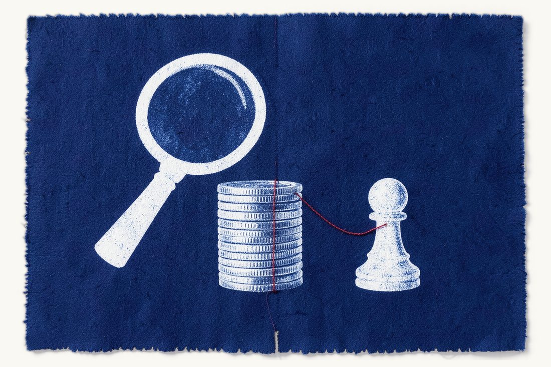 Anti-money-laundering checks and customer identification: a large magnifying glass over a tall stack of silver coins seen edge-on, a red thread running to a chess pawn