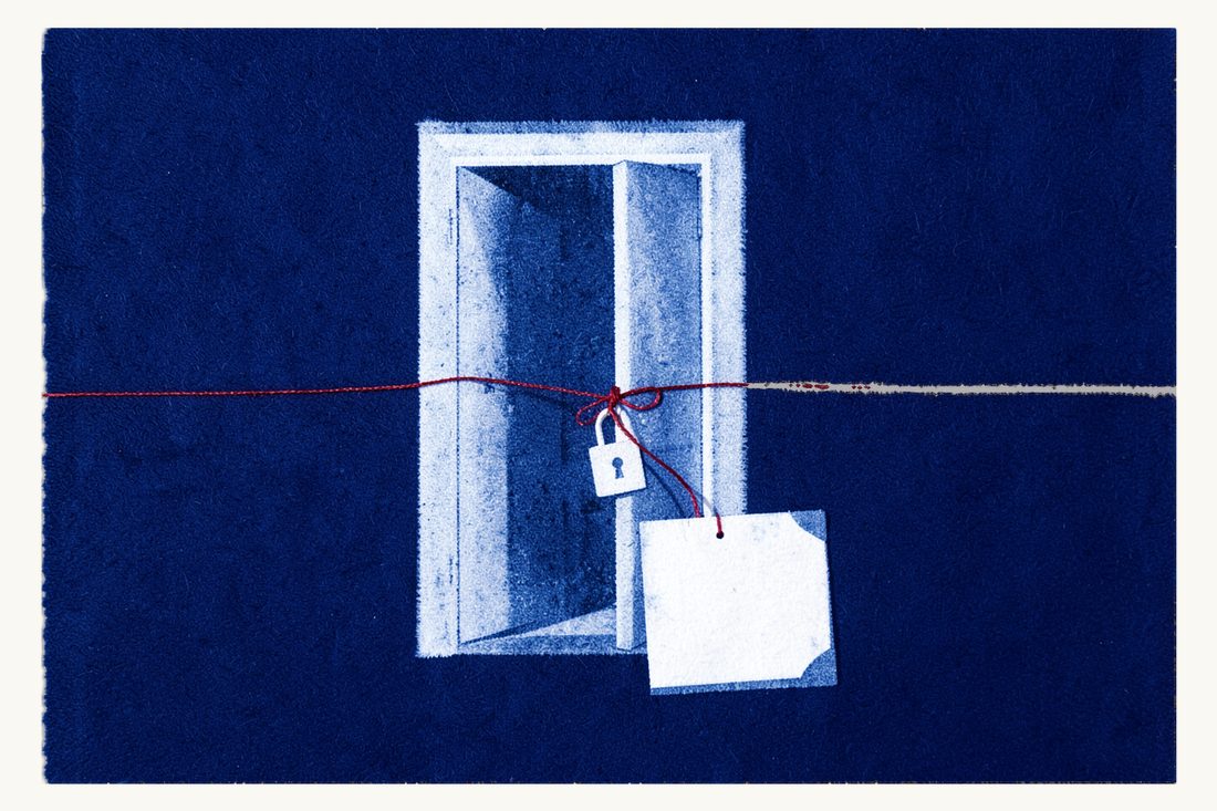 Turkey's restriction (tahdit) codes for foreigners: a large half-open door with a closed padlock hanging on a red thread over the gap and a document folder at its foot, cyanotype print