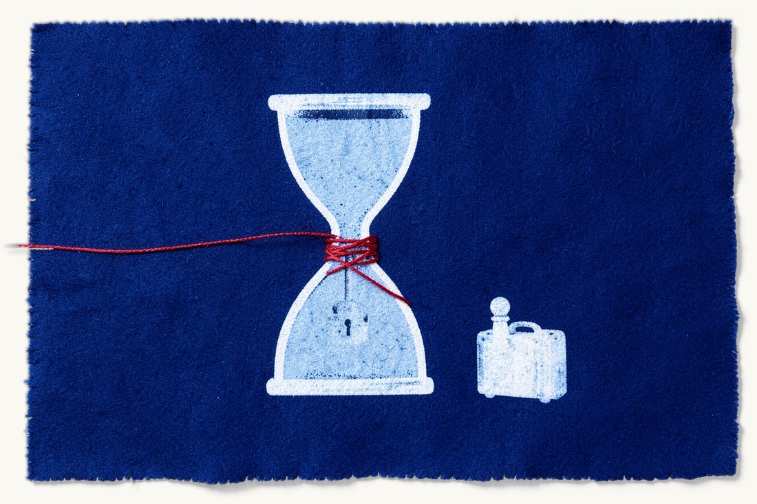 How long an entry restriction code lasts: an hourglass wound with red thread, a small closed padlock hanging from its loose end, a pawn with a suitcase waiting aside, cyanotype print
