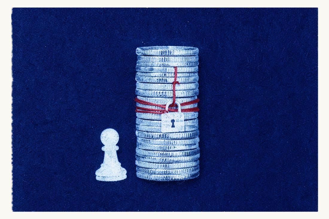 Turkish citizenship by bank deposit: a tall coin stack bound by a red thread with a closed padlock hanging from it, and a small chess pawn standing at its foot, cyanotype print