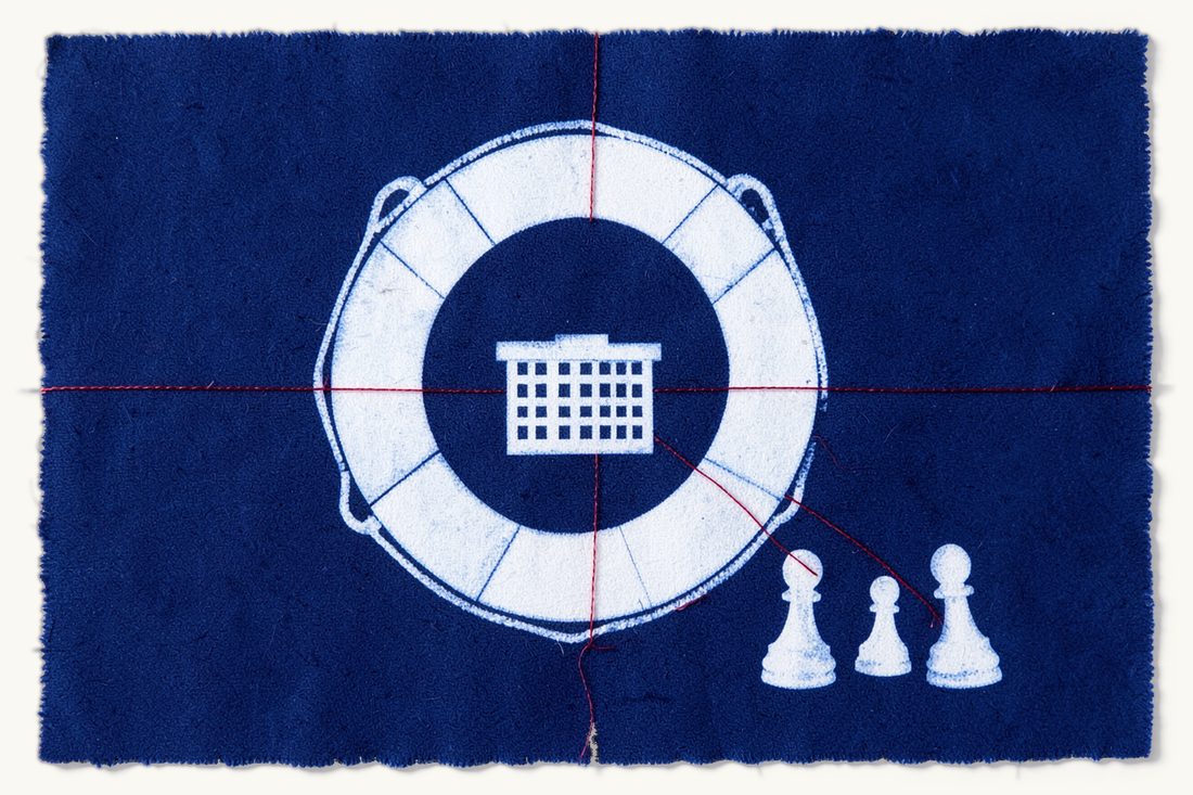 Concordat restructuring in Turkey for foreign creditors: a large lifebuoy around a small office block, a red thread leading to three chess pawns, cyanotype print