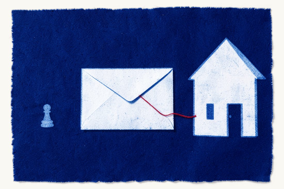 Service of enforcement papers at the registered address: a large closed envelope tied by red thread to the door of a house, with a tiny chess pawn far away at the edge, cyanotype print
