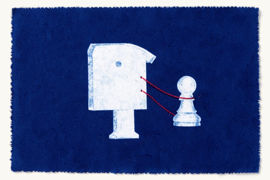 A defective notification that still becomes valid: a large mailbox with its flap open, a red thread running to a chess pawn, broken and rejoined with a small knot, cyanotype print