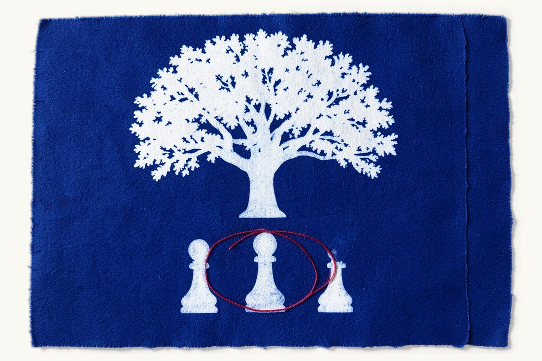 Turkish inheritance law for foreigners, who inherits and the forced share: a large leafy tree above three chess pawns in a row enclosed by one red thread ring, cyanotype print