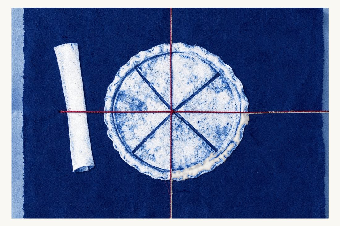 Whether a will can override the forced share: a large round pie divided into wedges and bound with red thread so no wedge comes loose, a rolled scroll beside it, cyanotype print