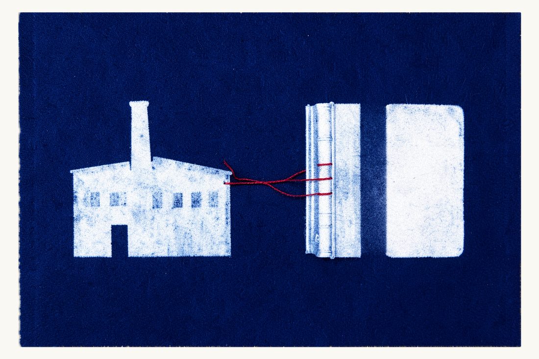 Which labour court has venue: a large factory with a chimney, a red thread running from its door to one of two identical antique books standing side by side, cyanotype print