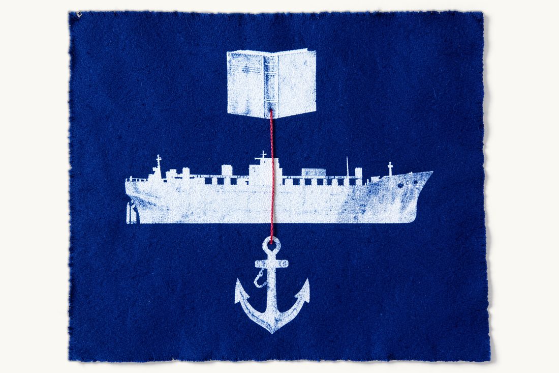Overview of Turkish maritime law: a cargo ship across the centre, an anchor hanging from a red thread beneath its hull, the thread rising to an antique book at the top, cyanotype print