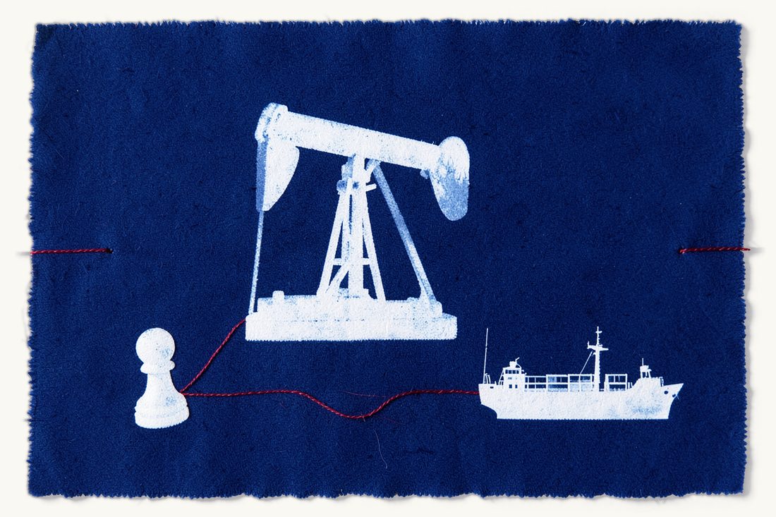 Turkish oil and gas law for foreign investors: a large oil pumpjack, a small cargo ship at lower right, and a chess pawn joined to the pumpjack by a red thread, cyanotype print