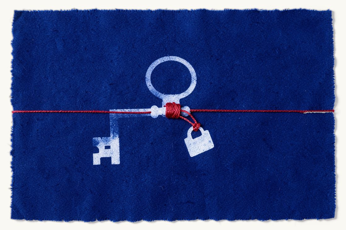Encumbrances on a Turkish title deed, the takyidat: a large old key wound tightly with red thread carrying three knots, a small closed padlock hanging from the last one, cyanotype print