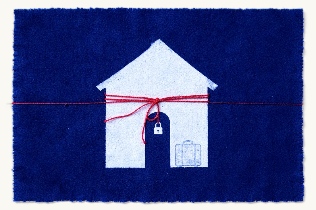 A haciz entry on a Turkish title deed: a large house wound tightly with red thread, a closed padlock hanging at its door, and a chess pawn with a small suitcase in front, cyanotype print