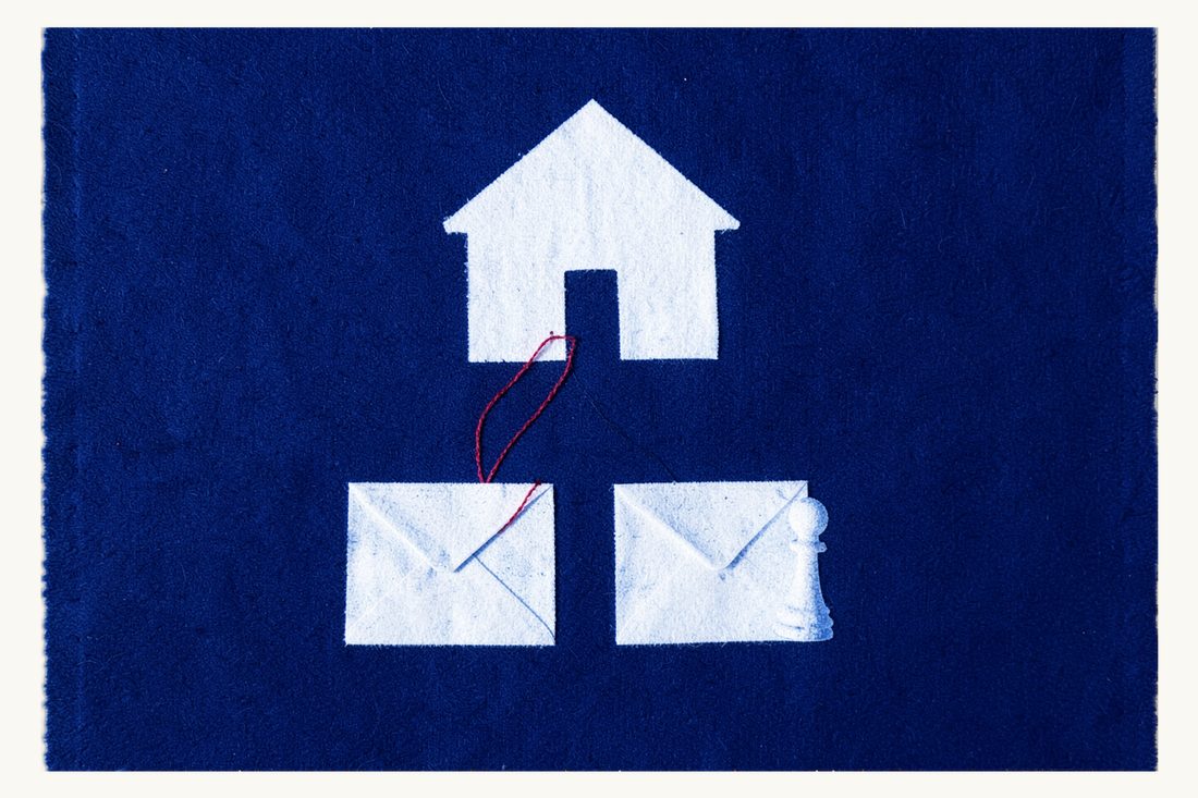 Eviction after two justified warnings in Turkey: a large house with two closed envelopes below it, each tied by red thread to its door, and a small pawn, cyanotype print