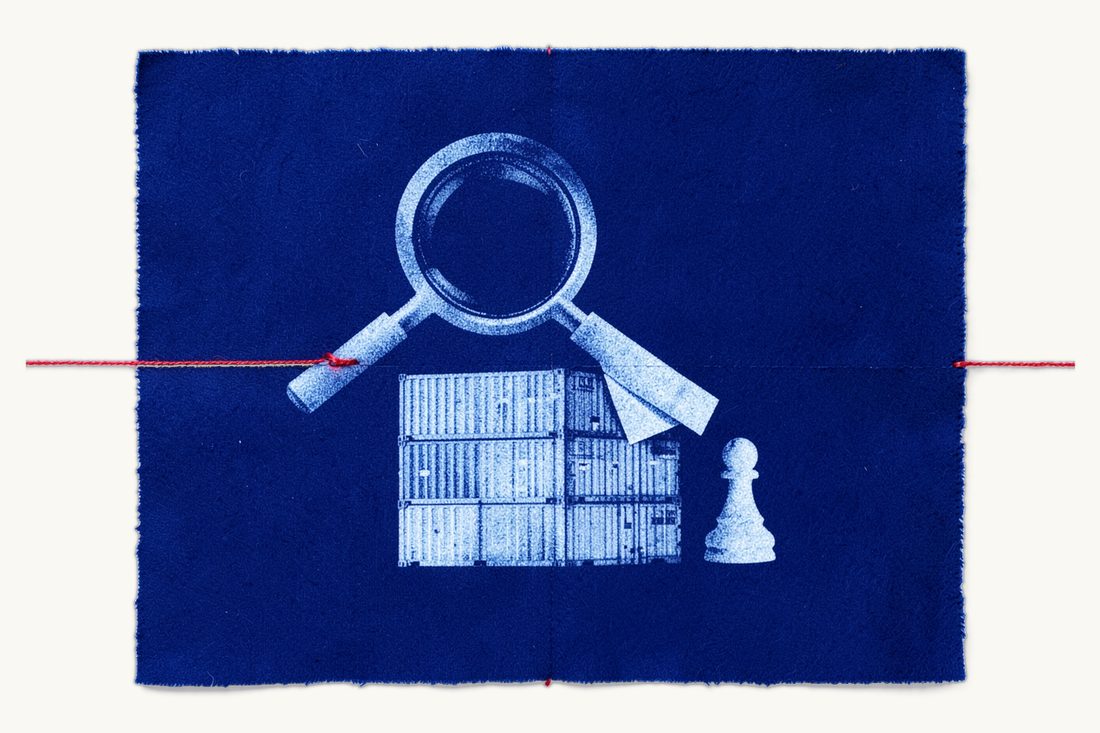 Tariff classification of imported products: a large magnifying glass over a stack of shipping containers, a folded paper tied to the stack like a tag, a chess pawn beside it