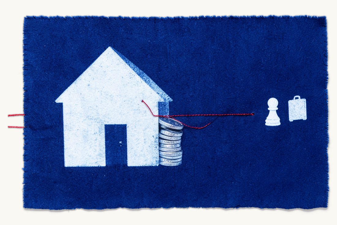 Residential rent income exemption in Turkish income tax: a house with a stack of silver coins beside its door joined by a red thread, a pawn with a suitcase far to the right, cyanotype print