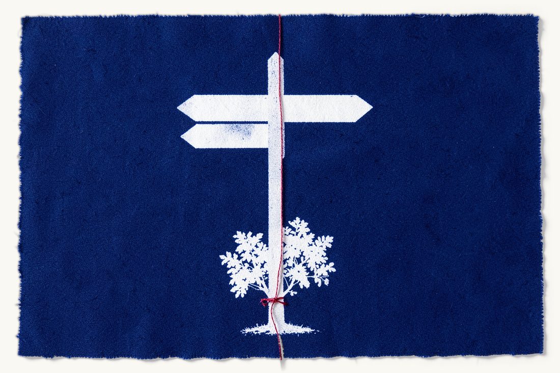 Which court handles a foreigner's estate in Turkey: a tall signpost with two blank arrows pointing opposite ways, a red thread rising from a small tree's roots to the right arrow, cyanotype print