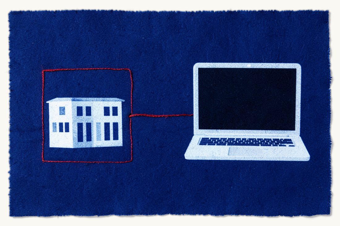 Working inside a technology development zone: a red thread square around a small office block on the left, the thread leaving through a gap to a large laptop with a dark blank screen, cyanotype print