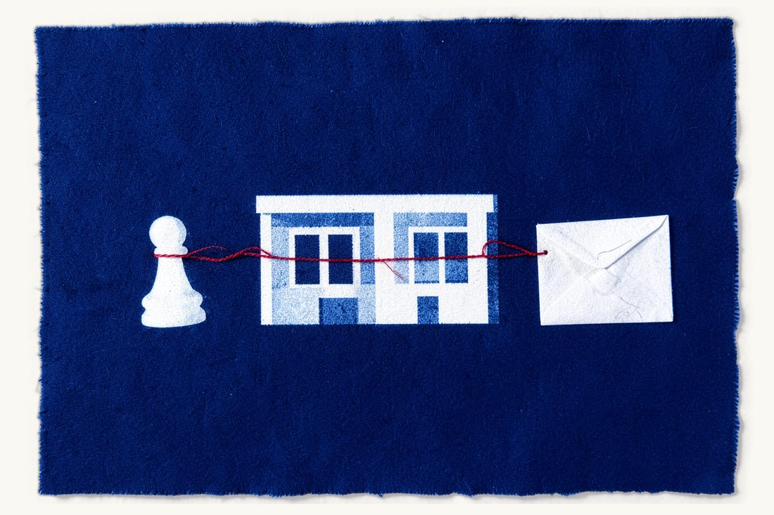 Setting up a liaison office in Türkiye: an office block at the centre, a pawn at its left and a closed envelope at its right, linked through the block by a red thread, cyanotype print