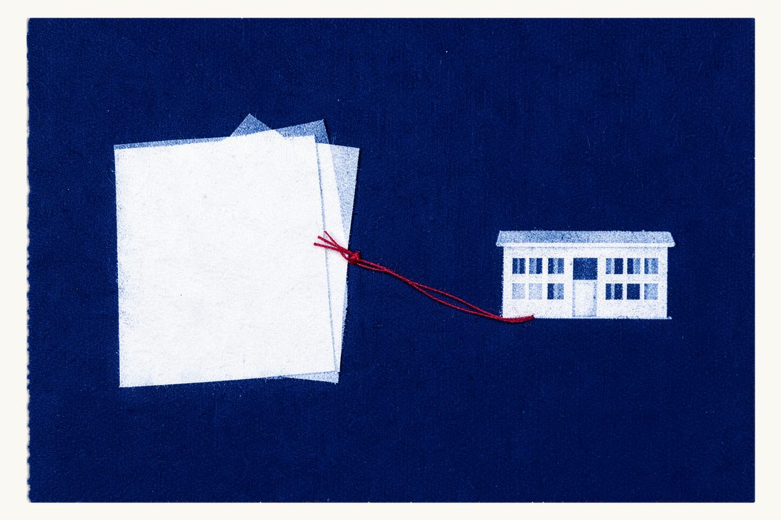 Permit application and documents for a liaison office: an open document folder with a red-tied bundle of blank sheets pushed in, a small office block at the right, cyanotype print