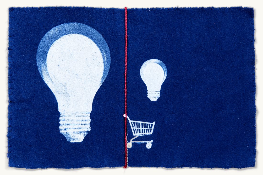 Unfair competition rules under Turkish commercial law: a large lightbulb and a smaller identical copy beside it, separated by a vertical red thread, a small shopping cart below, cyanotype print