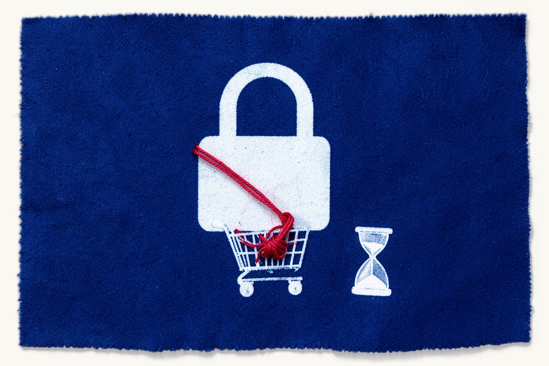 Interim injunction halting ongoing harm during a case: a large closed padlock holding a shopping cart still with red thread, a small hourglass running beside it, cyanotype print