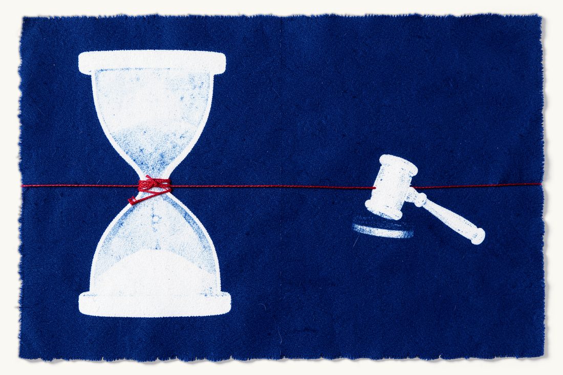 Regulator's own powers during a criminal case: a large hourglass with a red thread wound around its waist, a small wooden gavel lying apart and untouched, cyanotype print