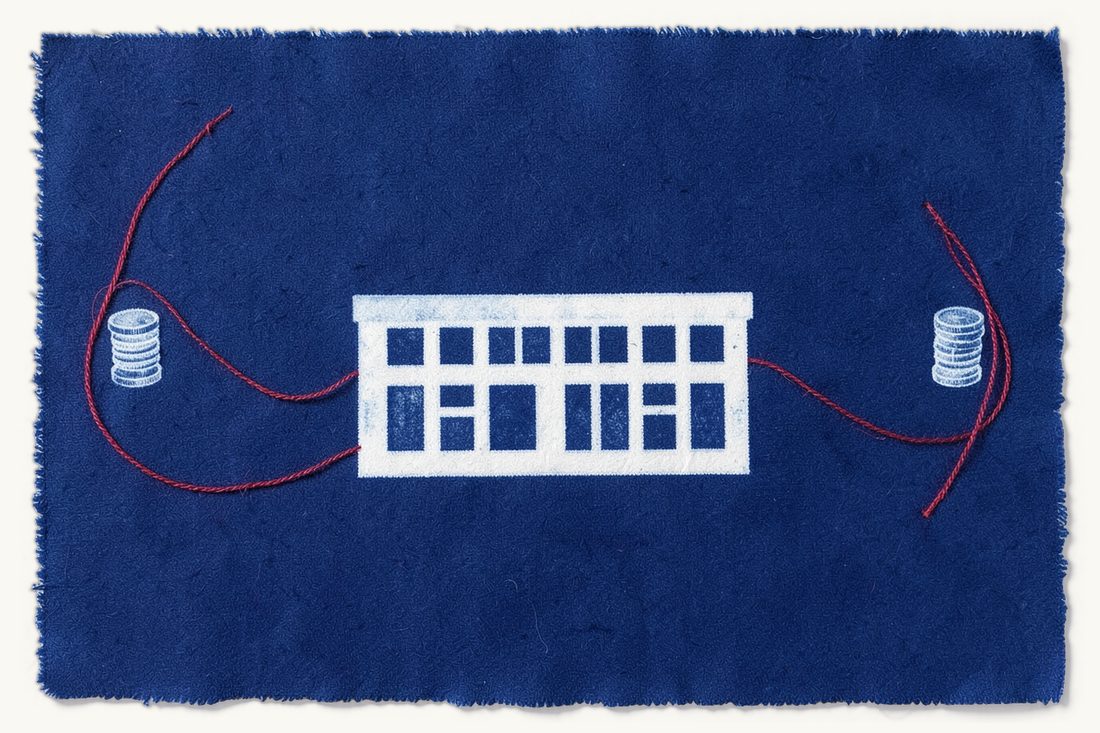 Tax obligations of a Turkish company in 2026: a large office block whose wide red thread loop reaches out to two small edge-on coin stacks at the far edges, cyanotype print