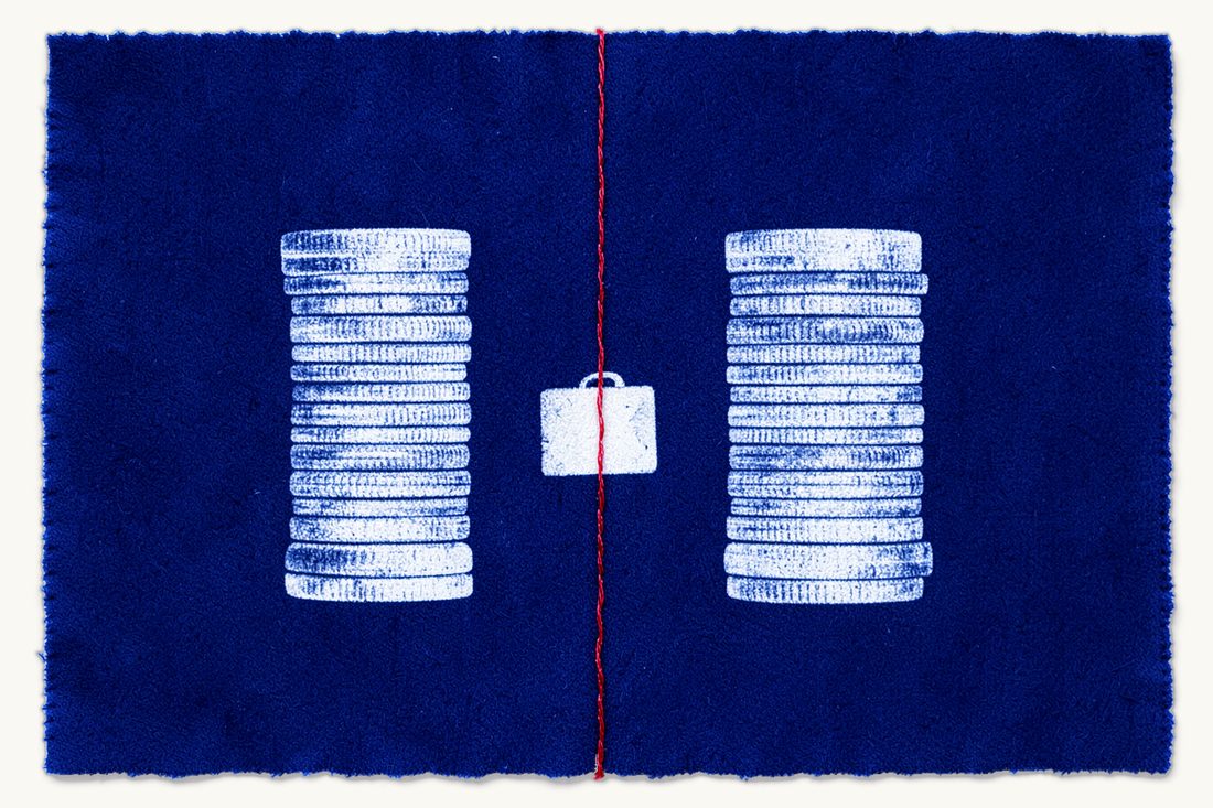 Double taxation relief between the US and Turkey: a vertical red thread dividing the print, a tall stack of silver coins on each side, a pawn with a suitcase standing on the line, cyanotype print