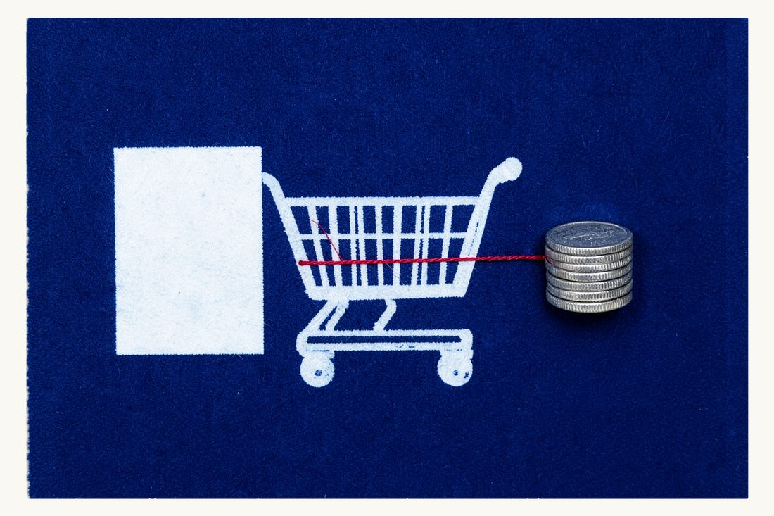 VAT on sales in Türkiye for foreign businesses: a large shopping cart between a blank invoice sheet and a short coin stack, linked by one red thread, cyanotype print