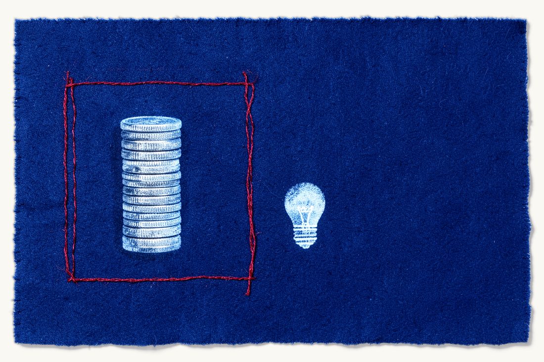 Venture capital fund limit on investing outside Türkiye: a large coin stack inside a red thread rectangle, one small stack and a lightbulb outside it, cyanotype print