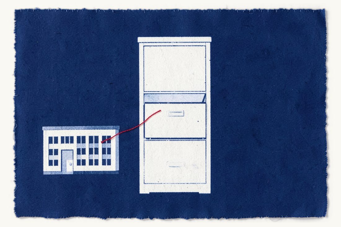 Registering a data controller in Turkey's VERBİS registry: a tall filing cabinet with one drawer open, a red thread leading into it from an office block, a smaller block left untied, cyanotype print