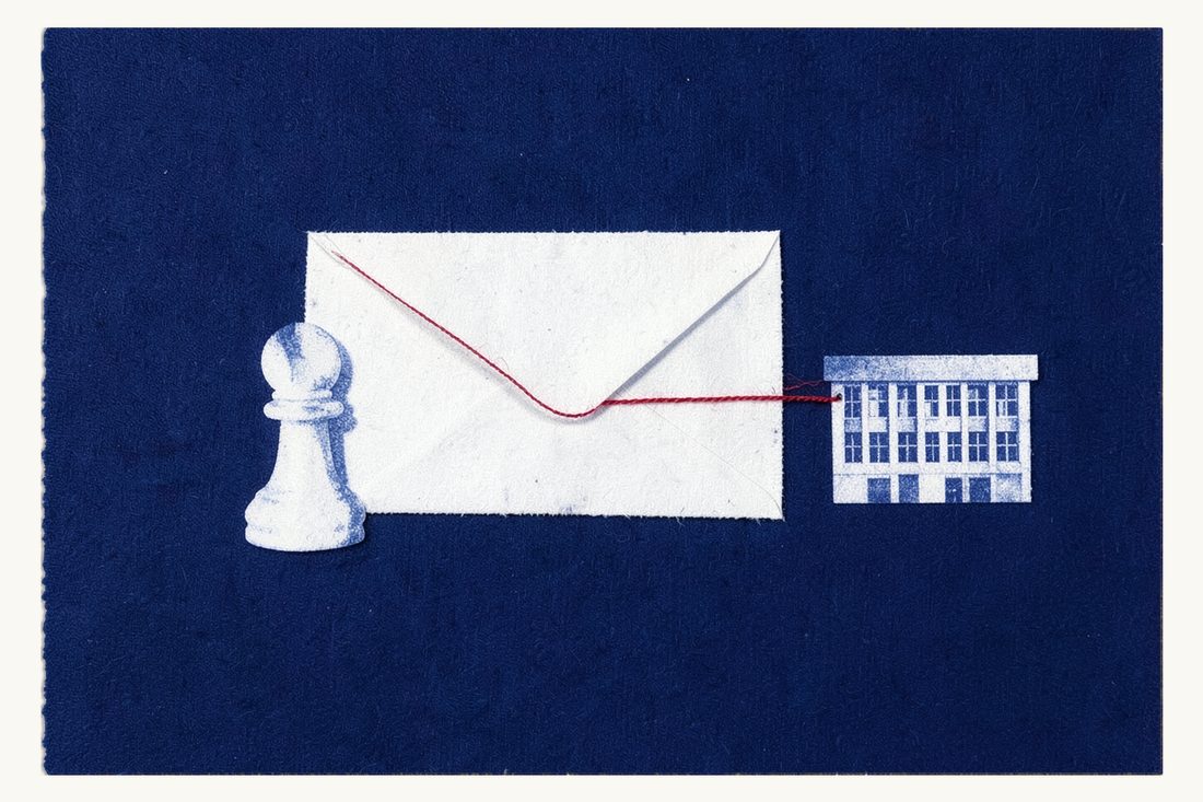 A contact person for a foreign data controller: a large closed envelope with a chess pawn beside it, a red thread running straight from a small office block to the envelope