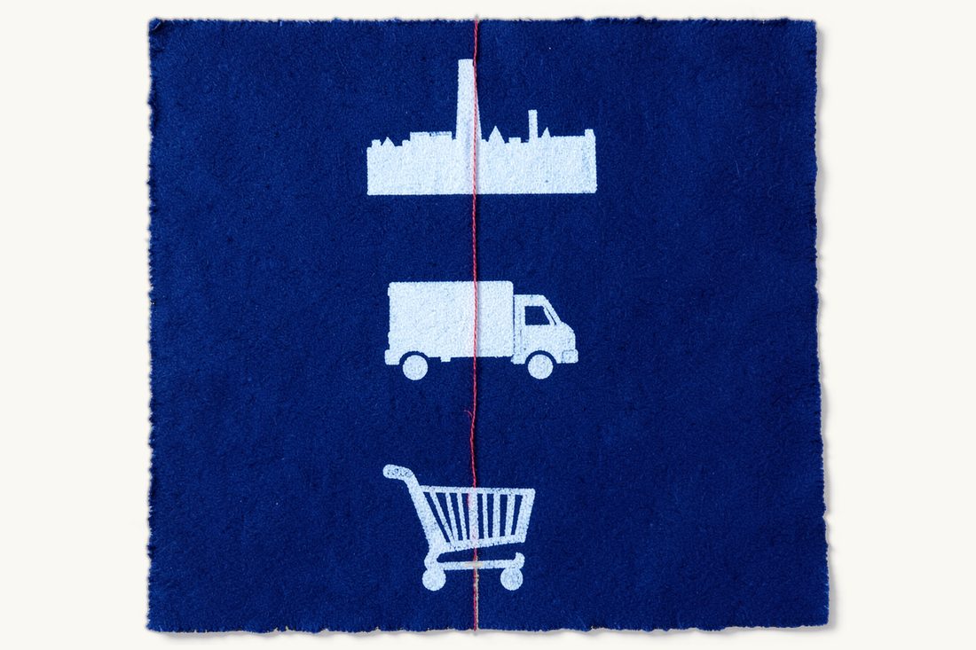 Vertical agreements and block exemptions in Turkish competition law: a large factory at the top, a delivery truck below it and a shopping cart at the bottom, linked by one vertical red thread, cyanotype print