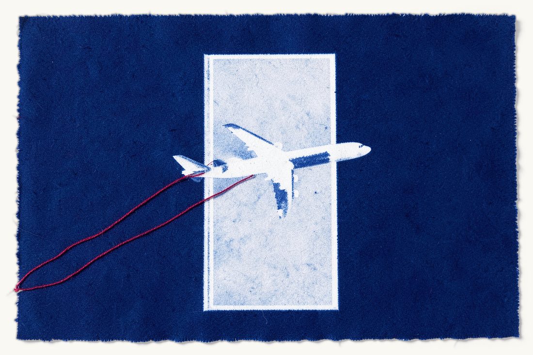 Visa-exempt travel for Turkish citizens: a large passenger airplane flying through a wide-open door frame, a red thread trailing behind it, cyanotype print