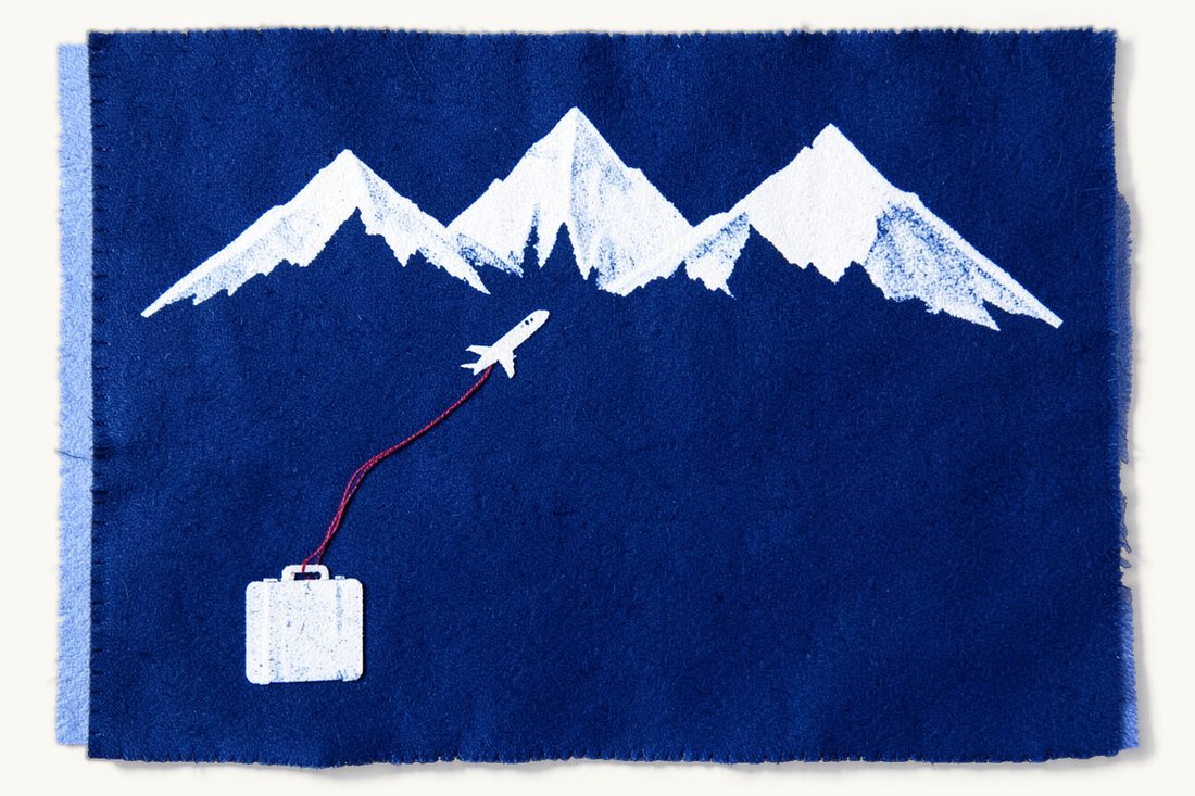 Exploring Asia and the Caucasus: a range of mountain peaks, a passenger airplane flying before them, a small suitcase with a red thread route rising to the plane, cyanotype print