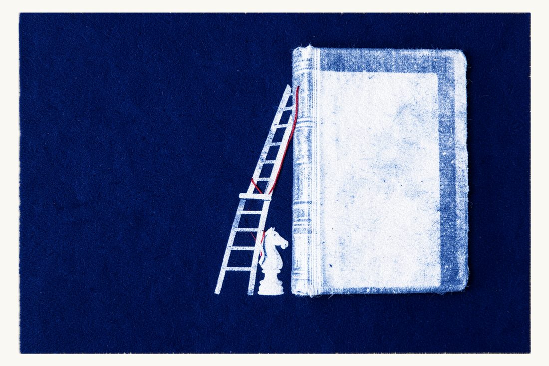 Trial, sentencing and appeals: a tall ladder leaning on a large antique book, a chess knight at its foot, a red thread climbing from the knight to the top of the book, cyanotype print
