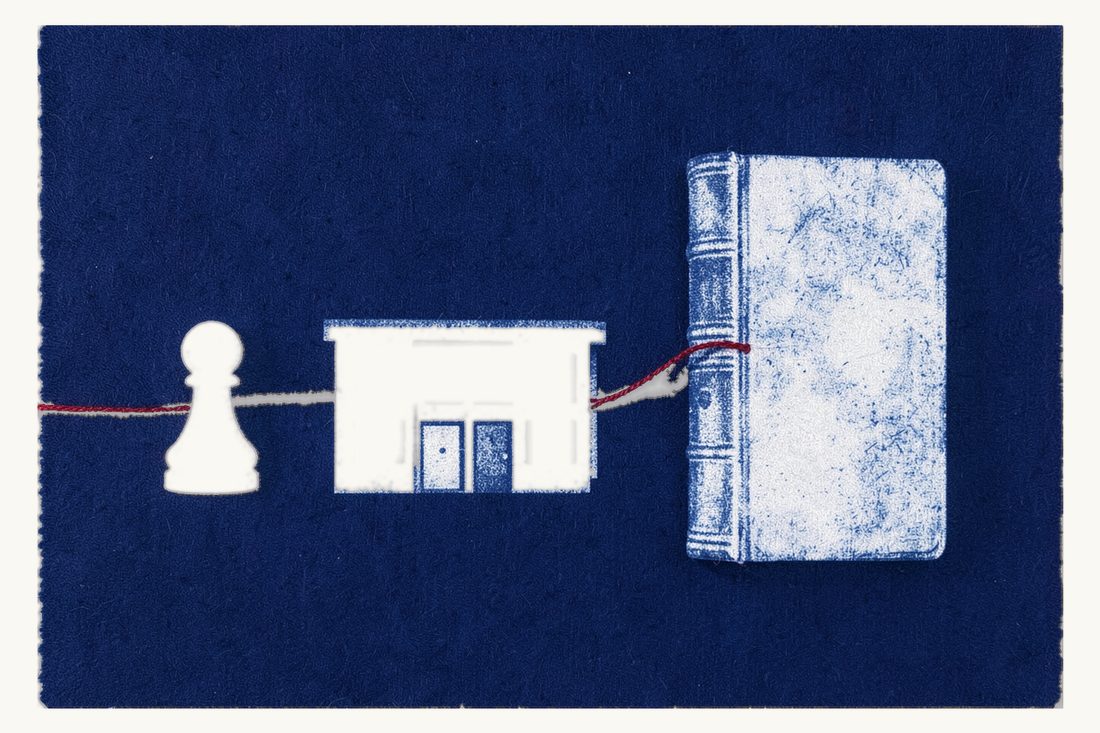 Which Turkish court hears a tenfiz case and where to file: a very large antique book beside a plain court building, a red thread leading a chess pawn to its door, cyanotype print