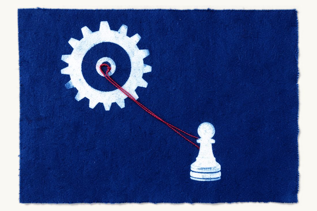 Service and rental payments to non-residents: a large gear wheel at upper left, a red thread running down from its hub to a chess pawn beside a short edge-on coin stack, cyanotype print