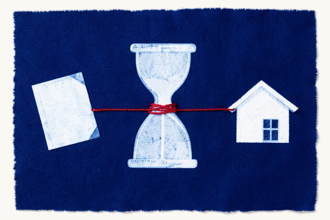 Work permit processing, validity and residence effect: a large hourglass wound with red thread, a document folder on its left and a small house with a pitched roof on its right, cyanotype print