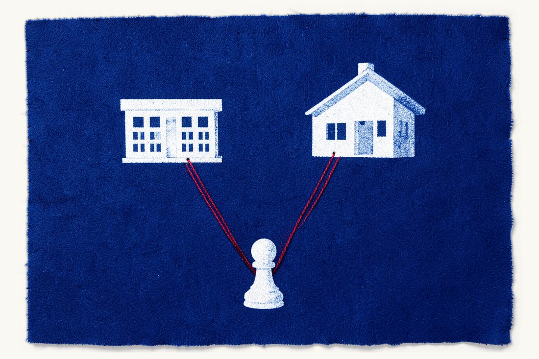 Work visa versus residence permit in Turkey: a small pawn whose red thread forks into two paths, one to a large office block and one to a large house, cyanotype print
