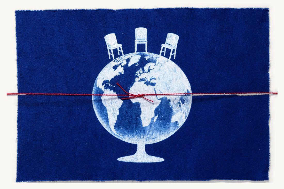 International and domestic commercial arbitration: three small empty high-backed chairs standing on top of a large globe wrapped by a red thread, cyanotype print