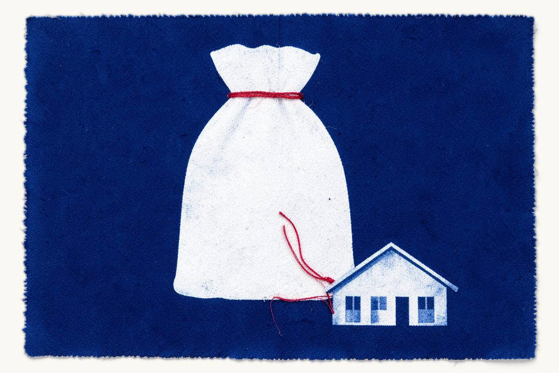 Lending and secured finance under Turkish law: a large plain money sack tied by a red thread to a small house, cyanotype print
