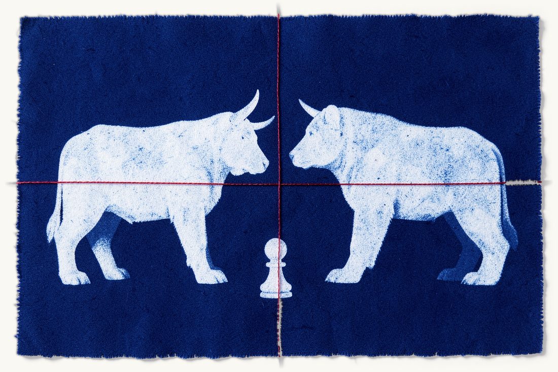 Capital markets and investment funds in Türkiye: a large bull and bear facing each other, a red thread running from a chess pawn to the bull, cyanotype print