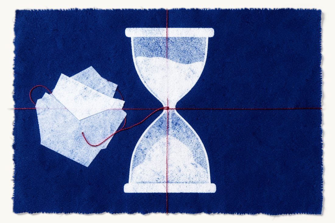 Tax registration and compliance for a Turkish company: a large hourglass with an open folder of blank sheets, a red thread circling from the folder around the hourglass, cyanotype print