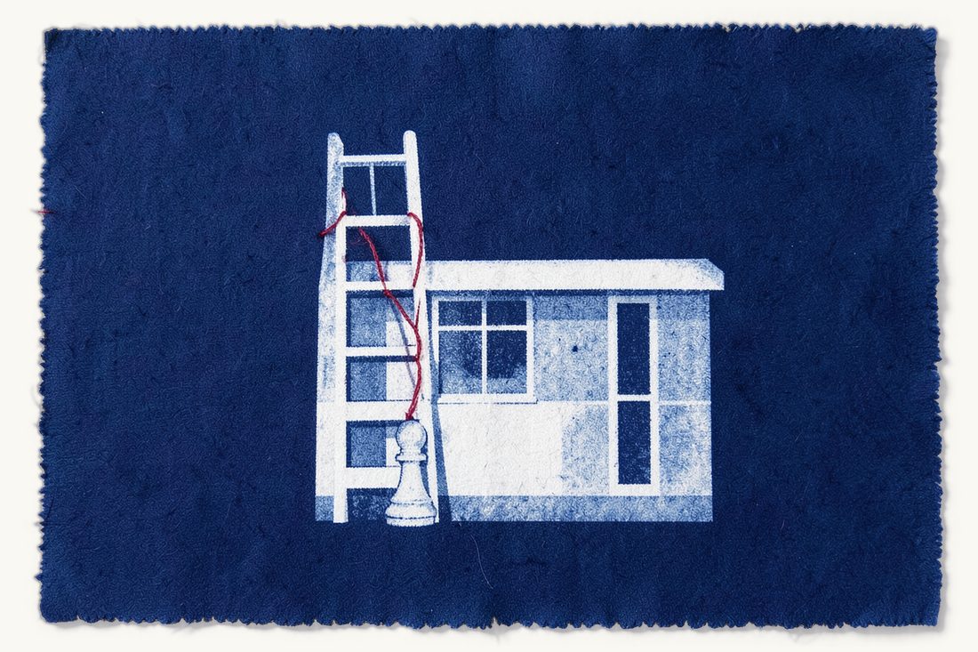 Company formation in Türkiye for foreigners: a tall ladder leaning against a low office block, a red thread climbing its rungs from a chess pawn at the foot to the roof, cyanotype print